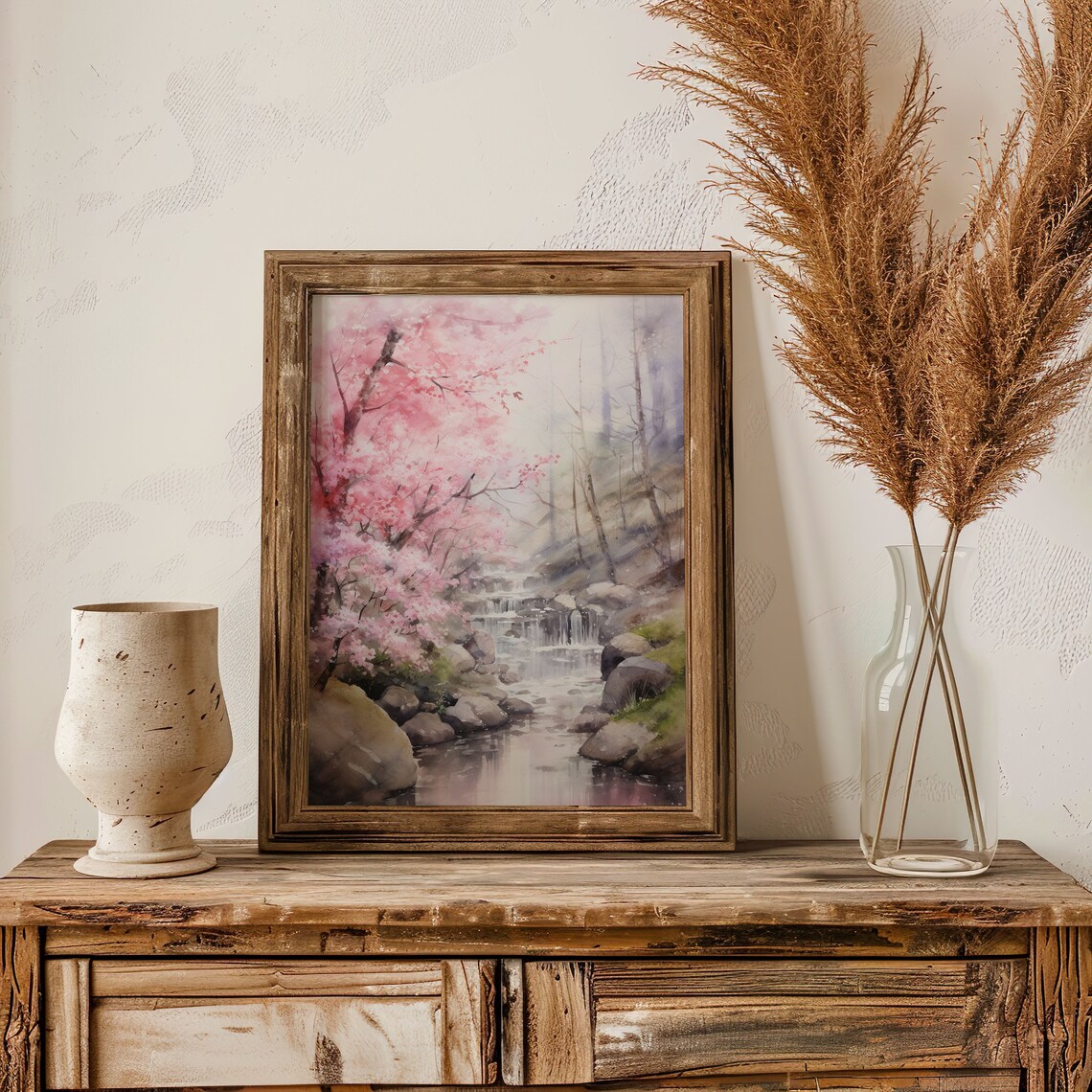 Cherry Blossom Sakura Tree Waterfall Stream Pink Watercolor Poster - Image 3