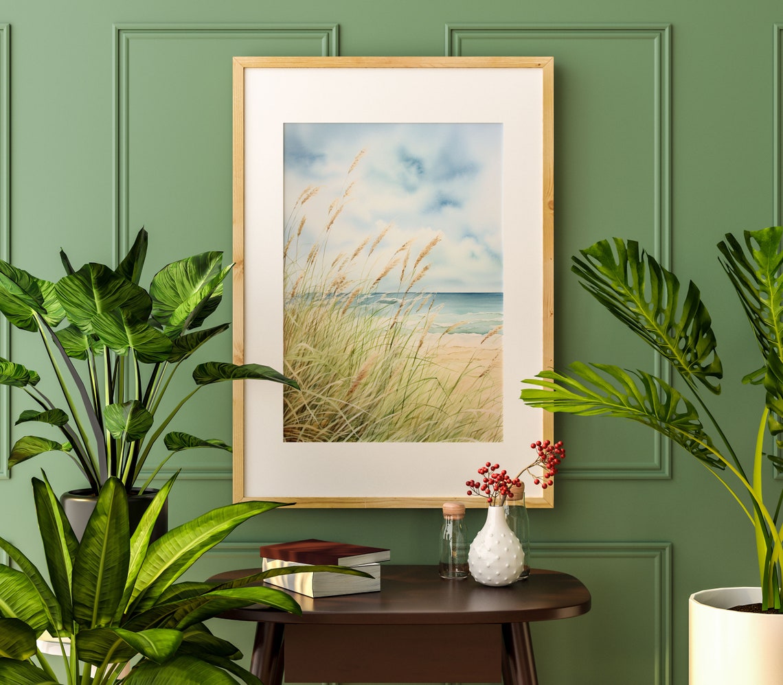 Coastal Beach Grass Watercolor Ocean View Serene Decor Poster - Image 3