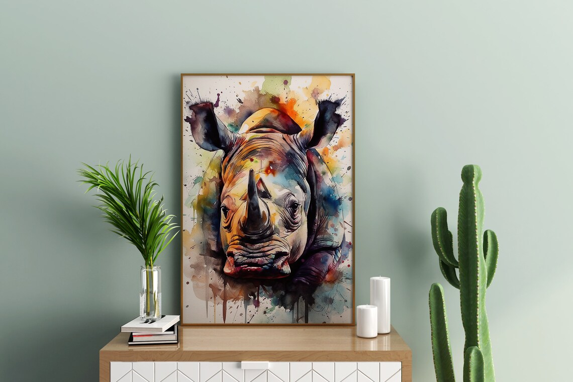 Colorful Rhino Watercolor Portrait Bold Wildlife Animal Art Poster - Image 3