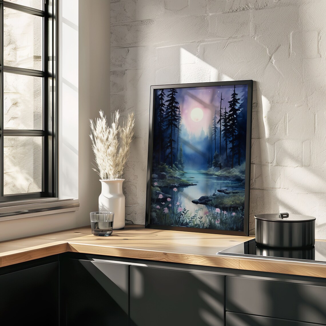 Moonlit Lake Pine Forest Watercolor Painting Poster with Pink Wildflowers - Image 4