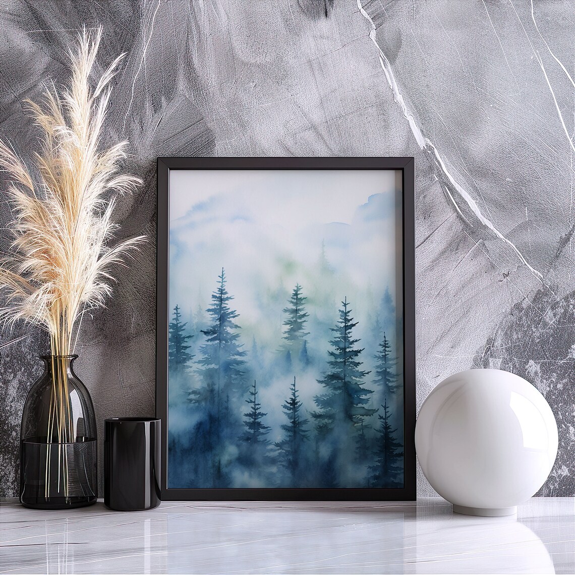 Blue Foggy Pine Forest Watercolor Painting Poster for Serene Spaces - Image 5