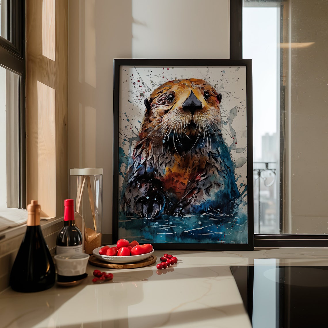 Sea Otter Watercolor Portrait Playful Blue Splash Art Poster - Image 5