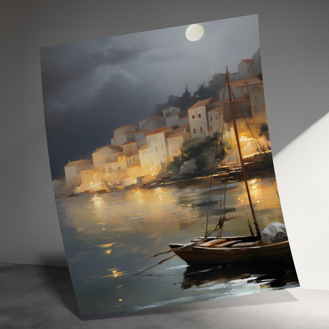Moonlit Coastal Town, Serene Nightscape Art Print - Image 2
