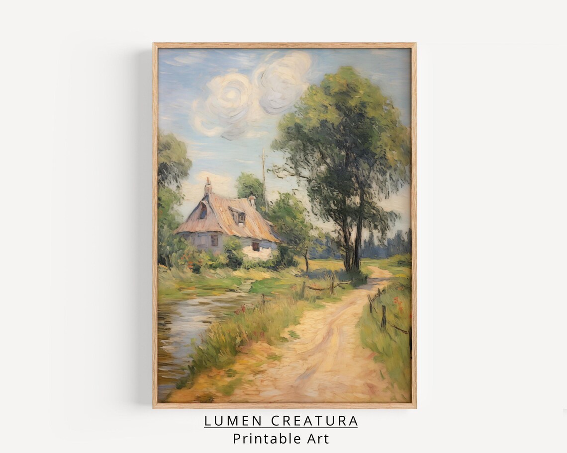 Cottage Landscape Painting, Vintage Wall Art