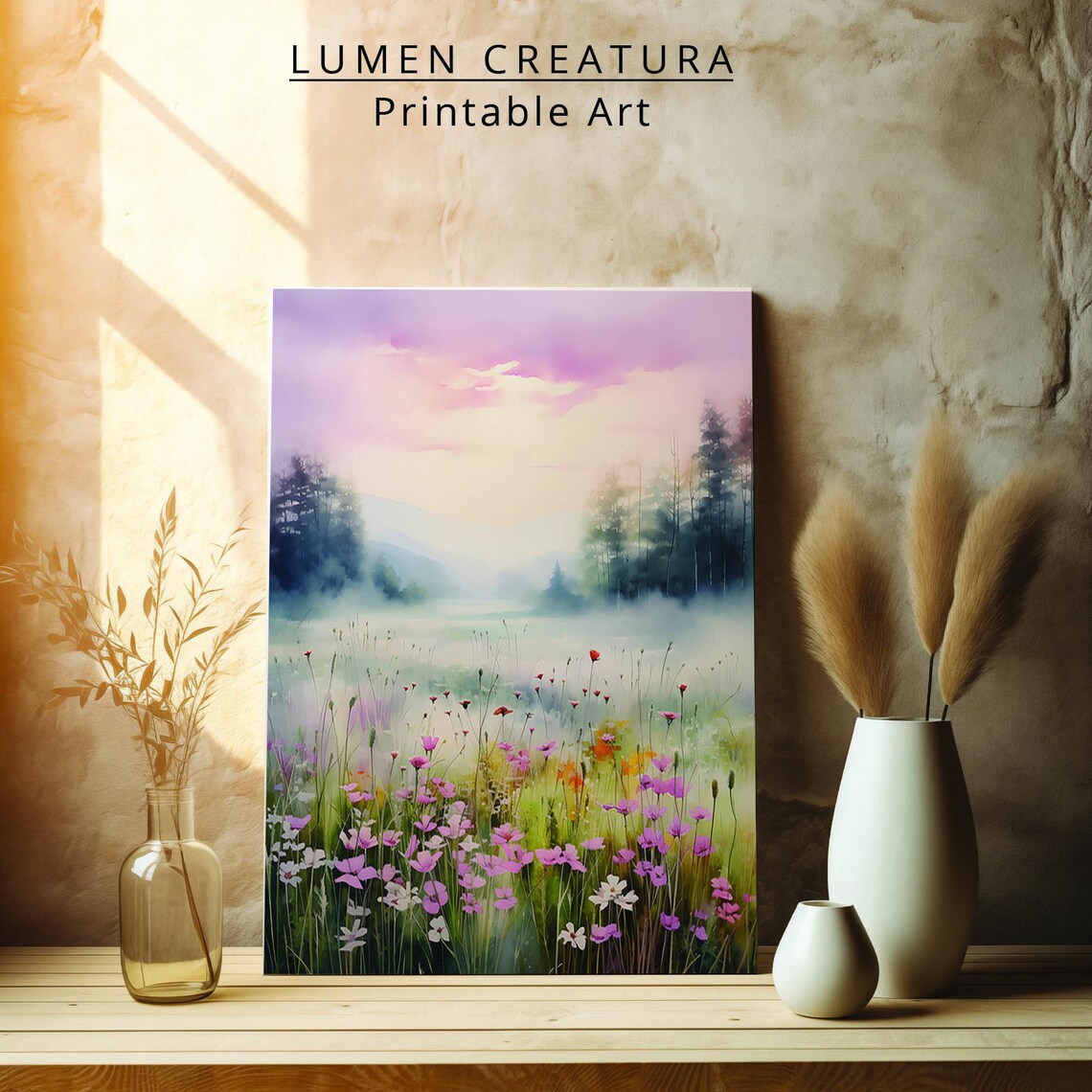 Meadow Watercolor Painting, Farmhouse Landscape - Image 2