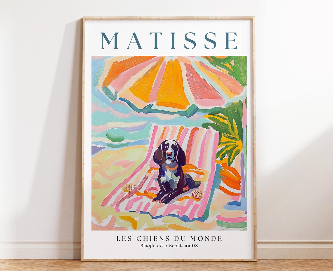 Beagle Beach Print, Matisse-Inspired Coastal Dog Art