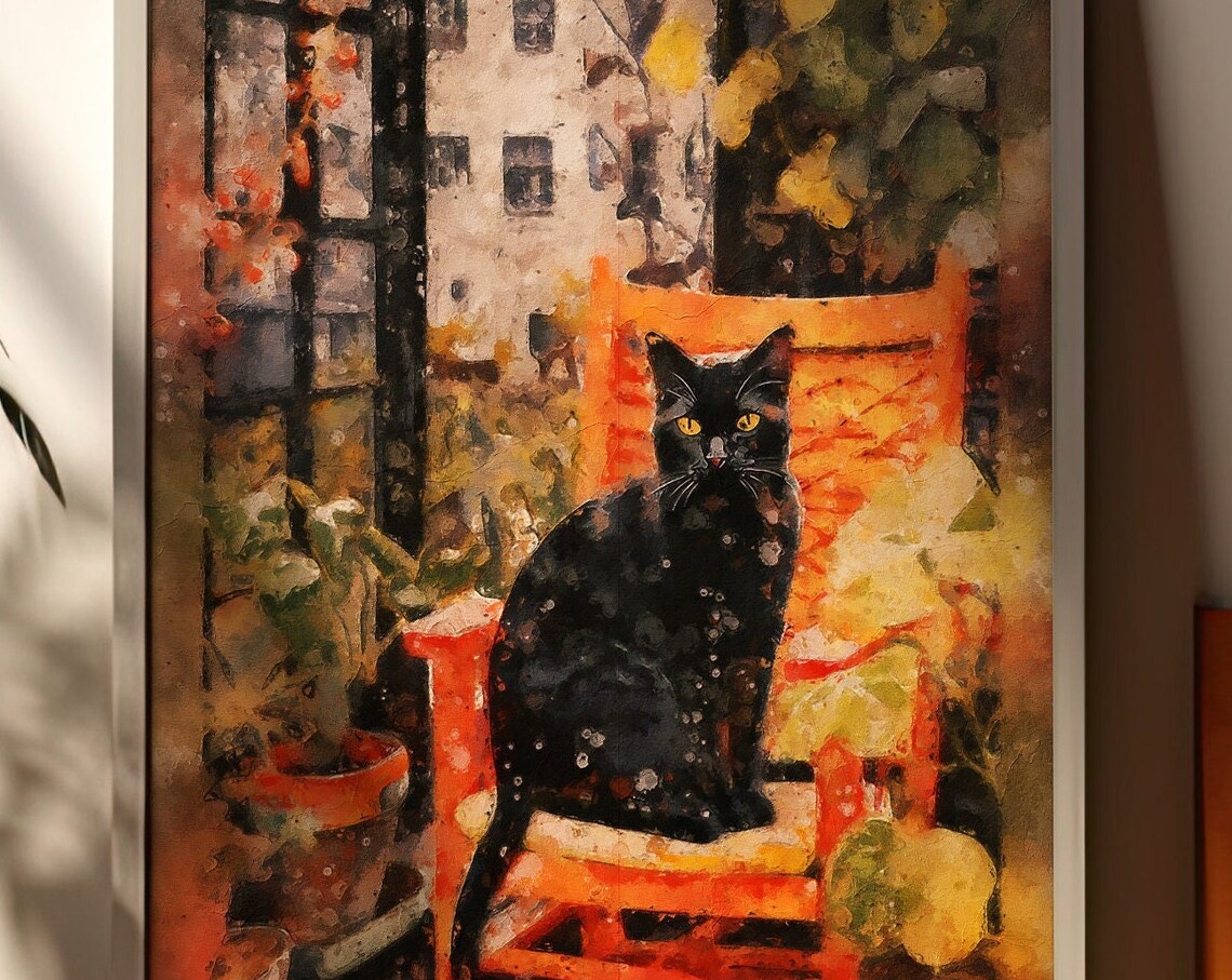 Impressionist Black Cat Poster with Golden Eyes by a Sunlit Garden Window