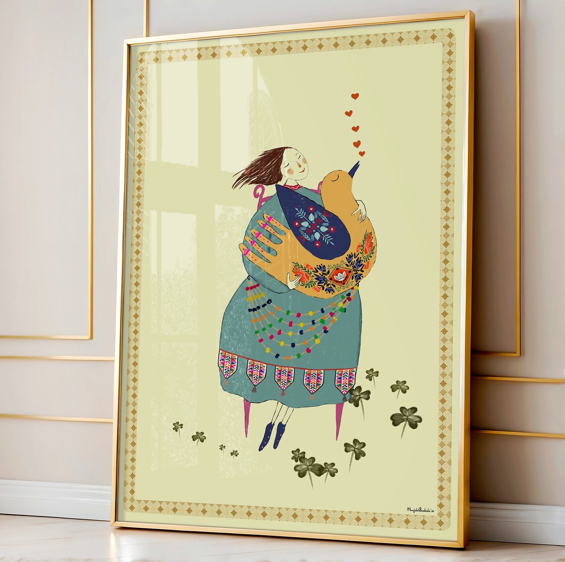 Girl Hugging Colorful Bird Among Clovers Folk Art Nursery Poster - Image 2