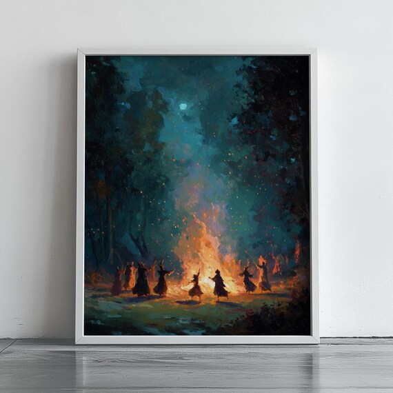 Witches Dancing Around Bonfire Mystical Night Forest Art Poster
