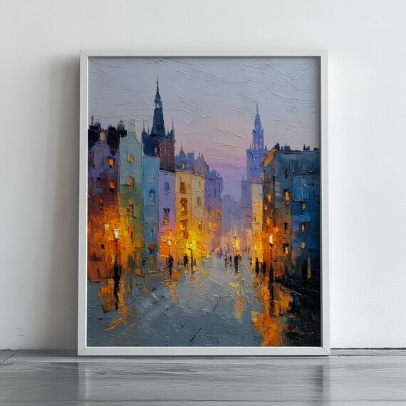 Impressionist European Street at Dusk Night Lights Monet Style Poster