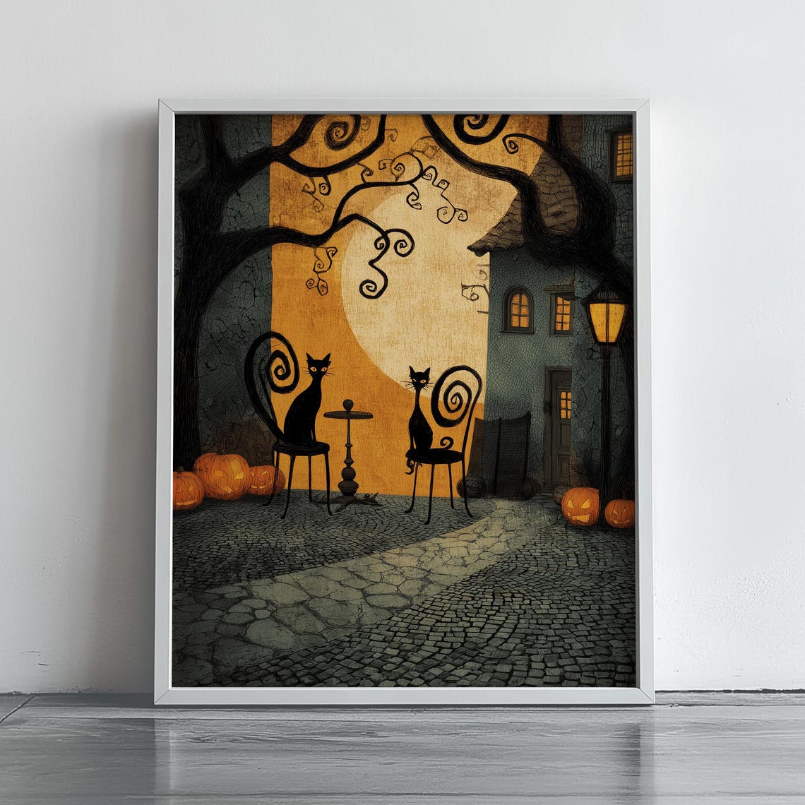 Halloween Black Cats Poster with Giant Moon and Whimsical Spooky Tree Art