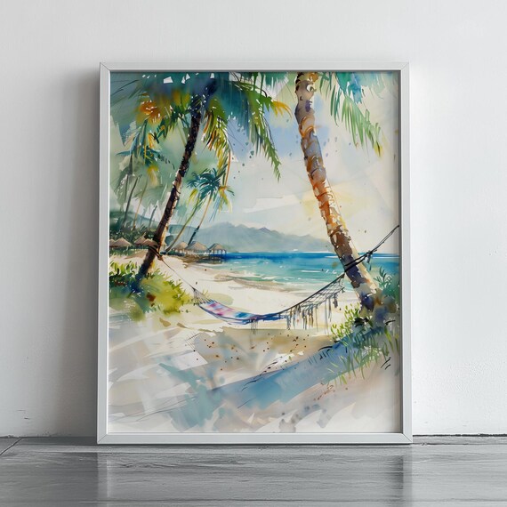 Tropical Beach Hammock Watercolor Seaside Palm Trees Art Poster