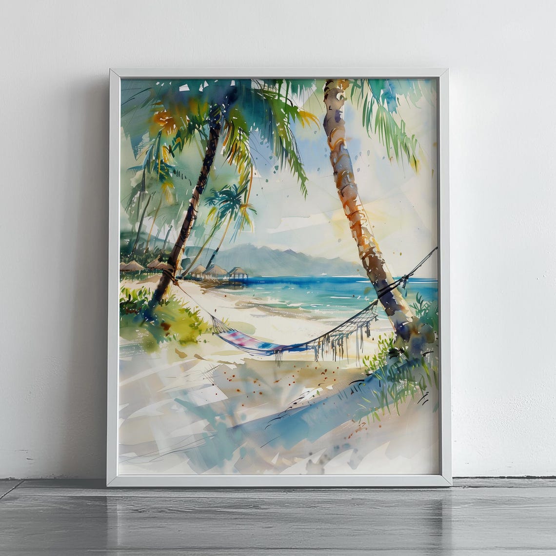 Tropical Beach Hammock Watercolor Seaside Palm Trees Art Poster