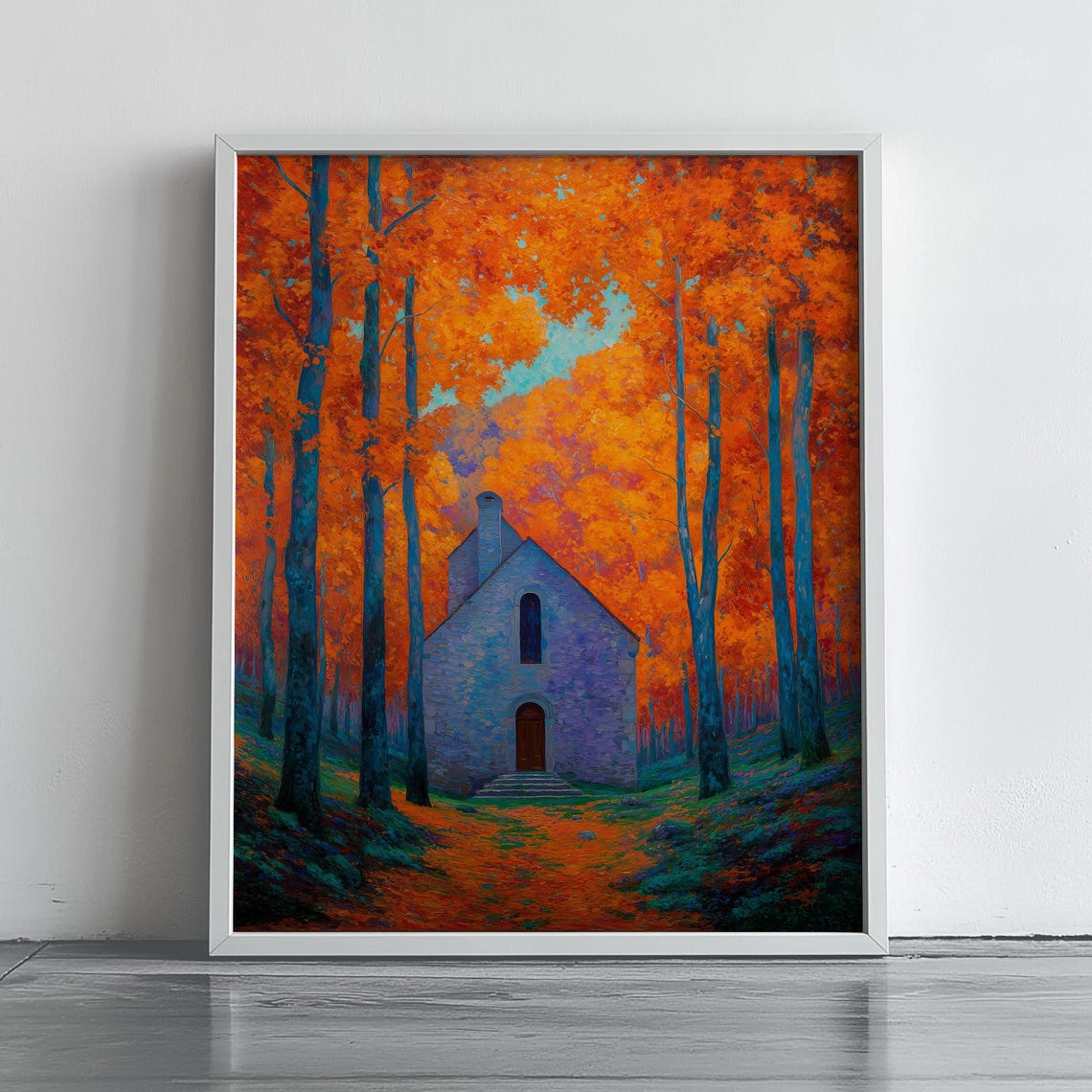 Stone Chapel In Fiery Orange Autumn Forest Landscape Art Poster