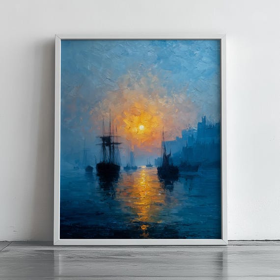Sunset Over Tranquil Sea Maritime Painting Vintage Seascape Art Fishing Fleet At Dusk Moody Coastal Decor Ocean Print 186