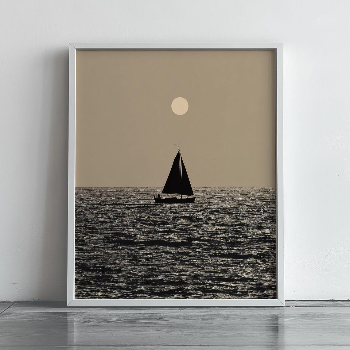 Lone Sailboat Silhouette Under Moon Minimalist Ocean Art Poster