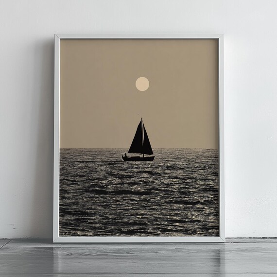 Lone Sailboat Silhouette Under Moon Minimalist Ocean Art Poster