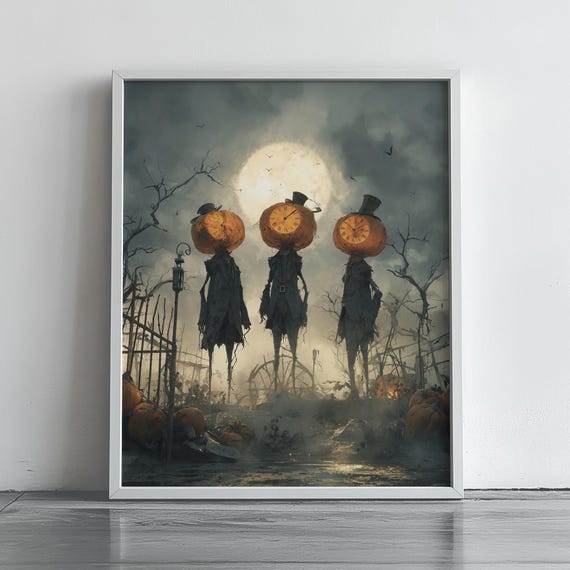 Vintage Halloween Wall Art Spooky Pumpkin Figures Moody Moonlit Scene Salvador Inspired Decor Autumn 60
