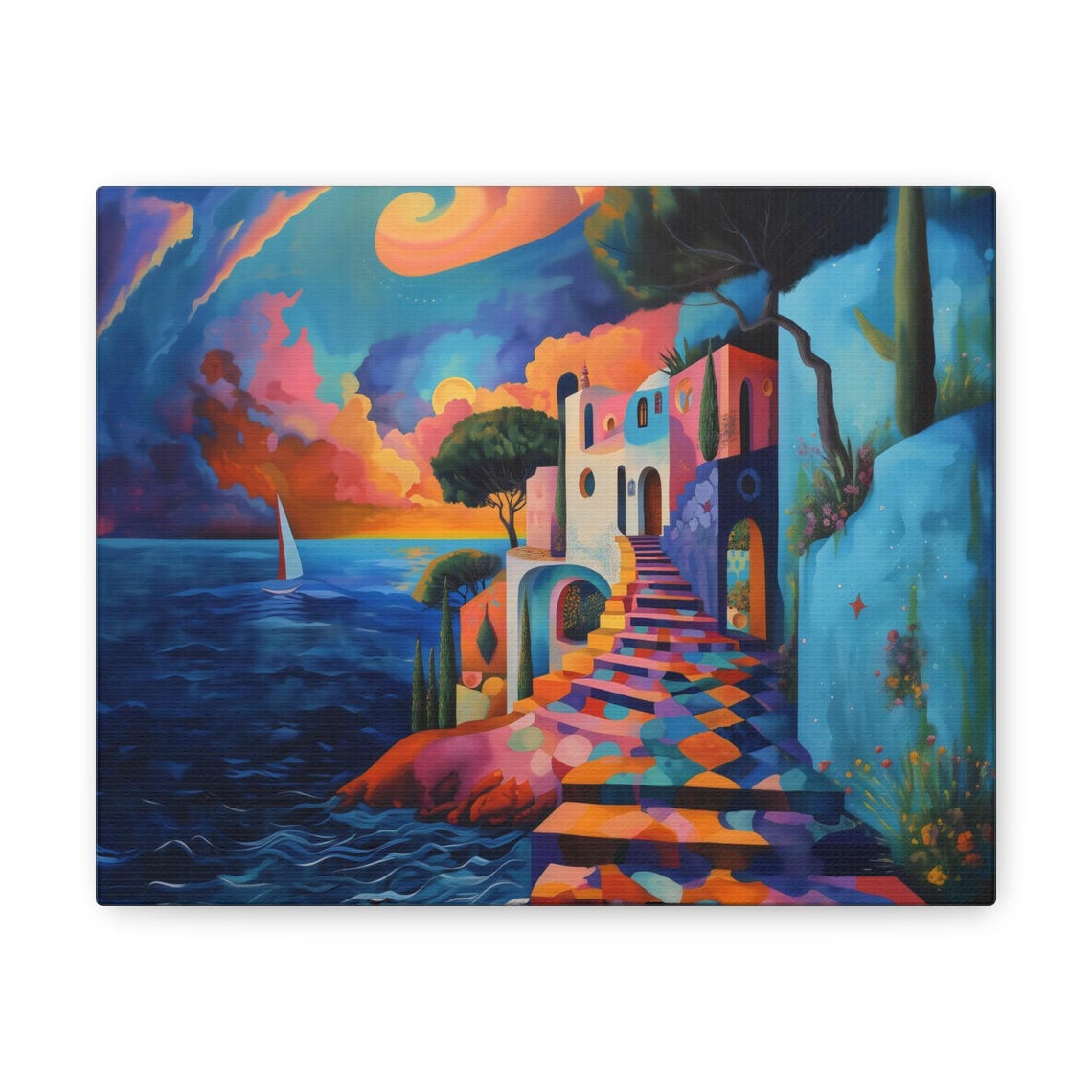 Geometric Mediterranean Coastline Stairs Sunset Landscape Print - Image 3