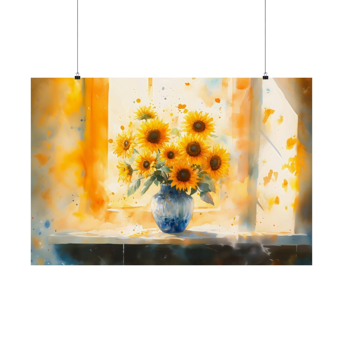 Sunflowers in Blue Vase Watercolor Floral Still Life Art Poster - Image 2