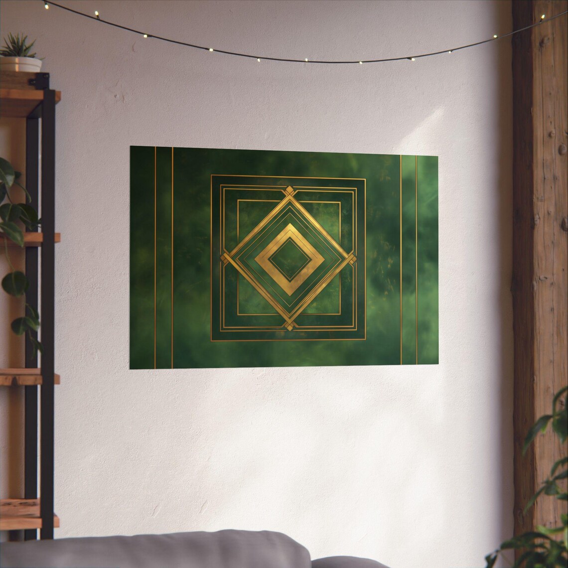 Green And Gold Geometric Art Deco Diamond Medallion Square Wall Art - Image 2