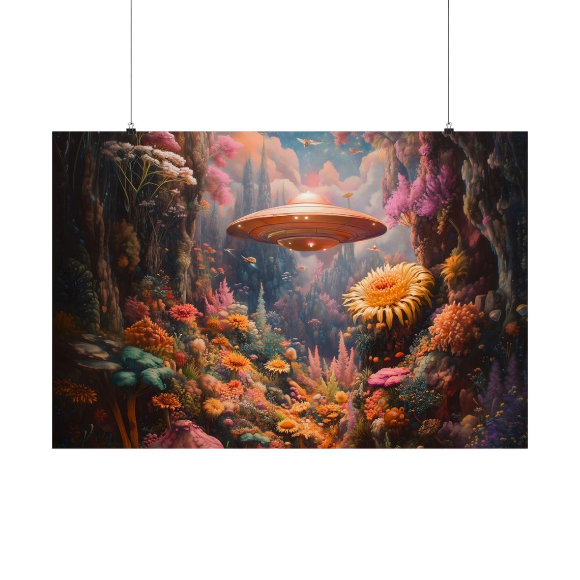 Glowing UFO Over Psychedelic Flower Canyon Alien World Poster