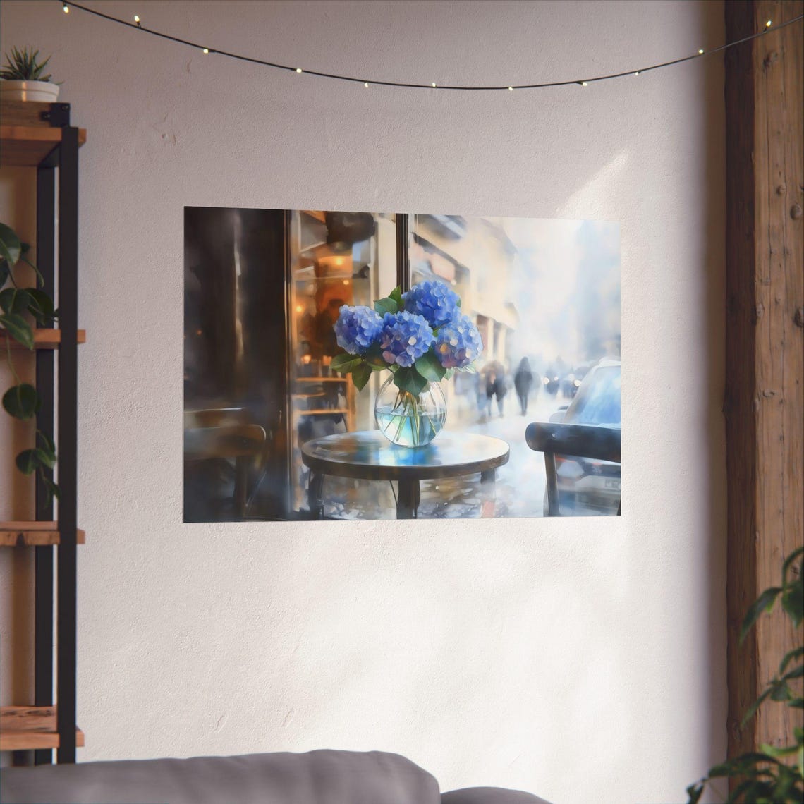 Hydrangea Bouquet by Rainy Cafe Window Watercolor Art Poster - Image 3