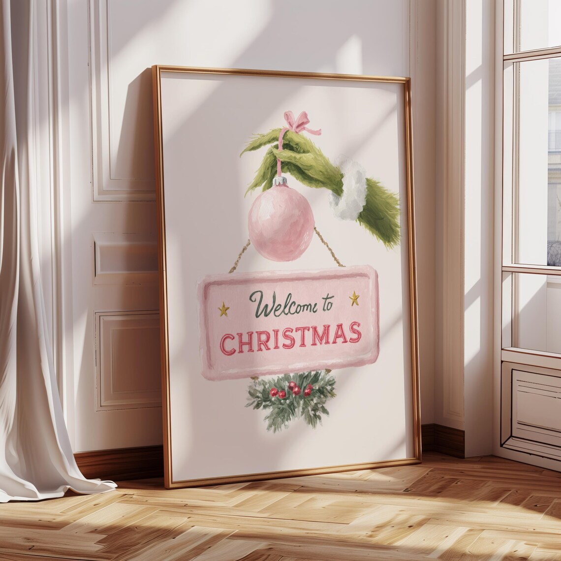 Welcome To Christmas Pink Sign With Playful Green Furry Hand Holiday Print