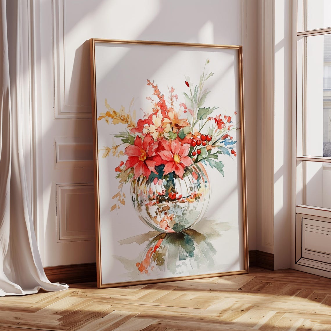Disco Ball Vase Watercolor Bouquet Retro Preppy Floral Decor Print