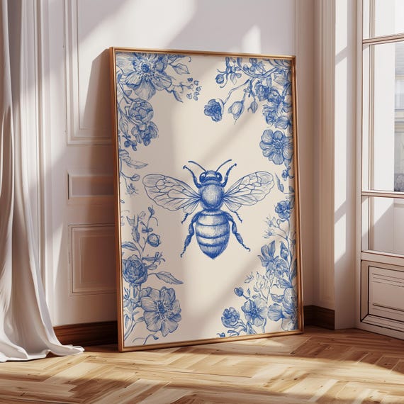 Blue Bee Floral Print Elegant Insect Wall Art