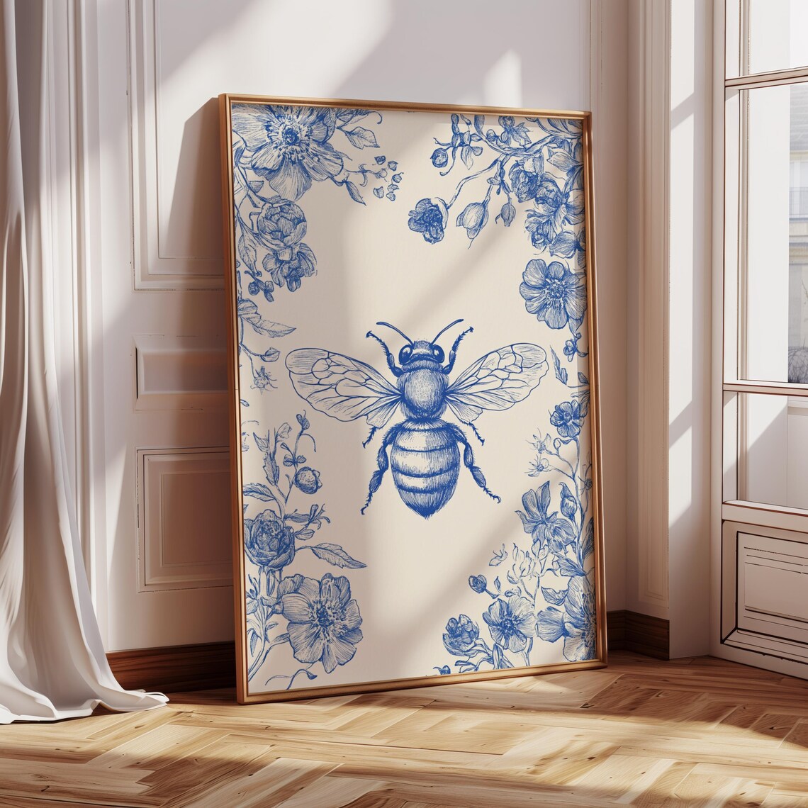 Blue Botanical Bee Floral French Vintage Toile Style Elegant Art Poster