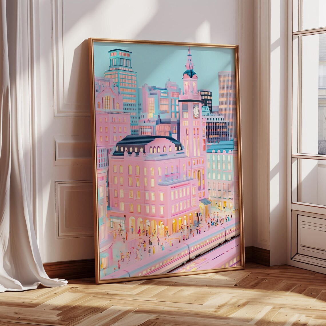 Pink Cityscape Print Modern Train Station Wall Art