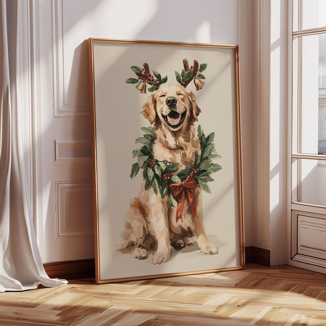Reindeer Dog Christmas Art Print, Holiday Pet Illustration