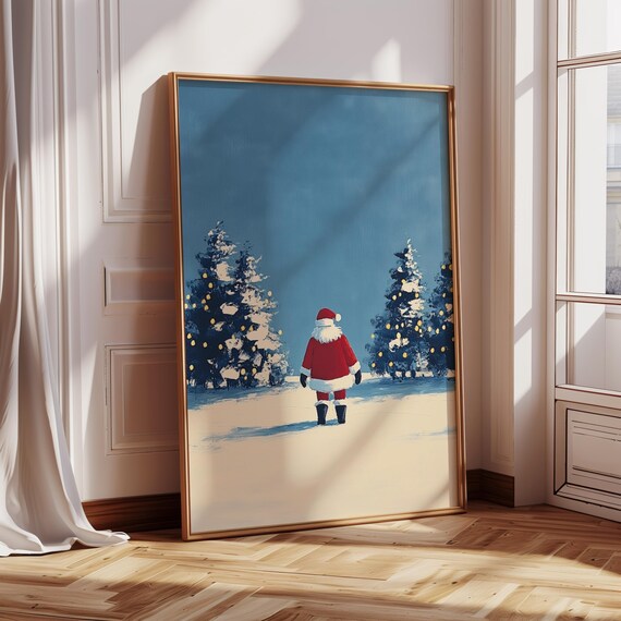 Santa Walking Snowy Blue Night Lit Christmas Trees Art Poster