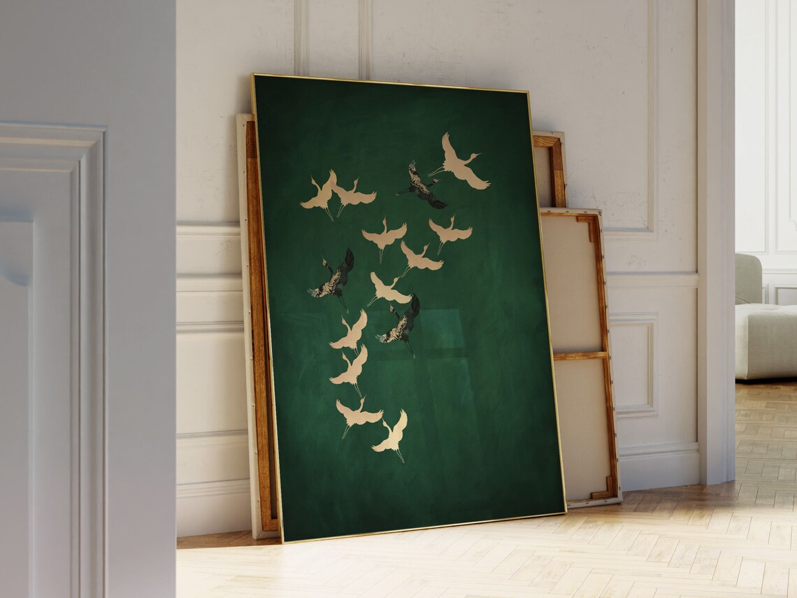 Japanese Cranes Art Print, Emerald Green Maximalist Decor - Image 5