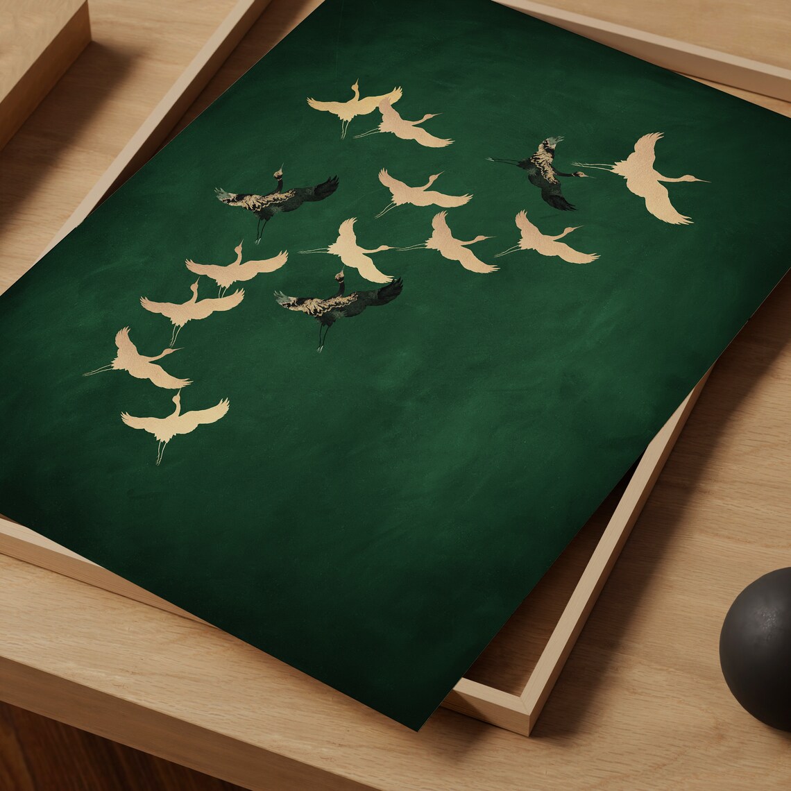 Japanese Cranes Art Print, Emerald Green Maximalist Decor - Image 4