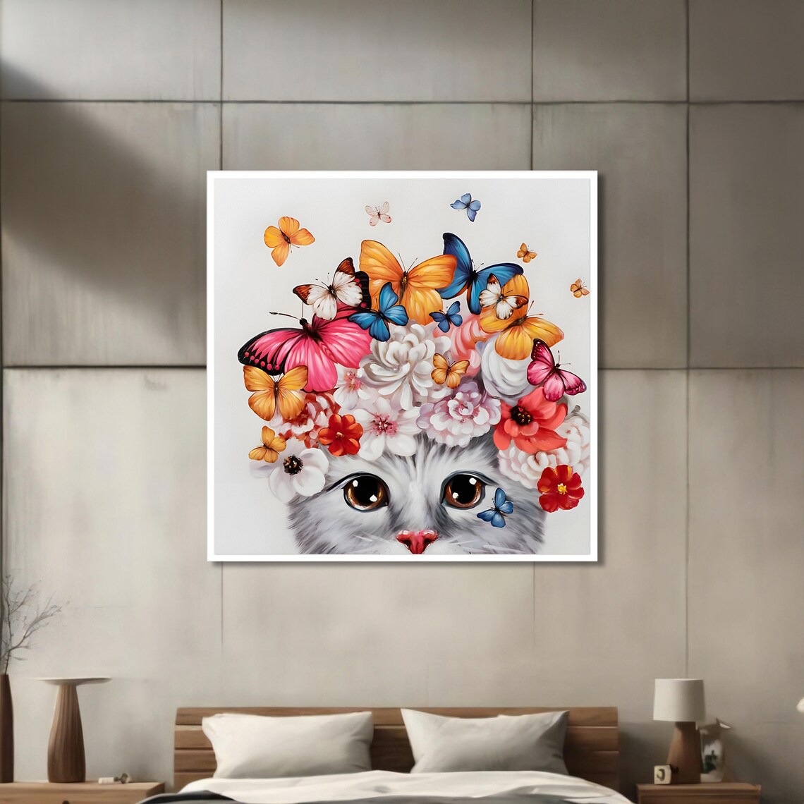 Cute Cat With Butterfly And Flower Crown, Kids Room - Image 3