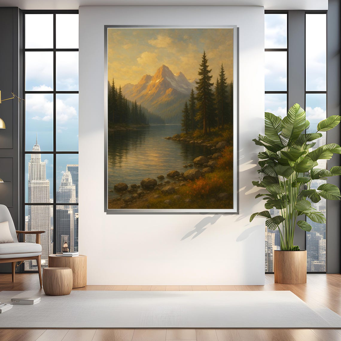 Majestic Mountain And Lake Landscape Painting Framed Black White Gold Silver Gallery Wrapped Or Rolled Art Print - Image 4