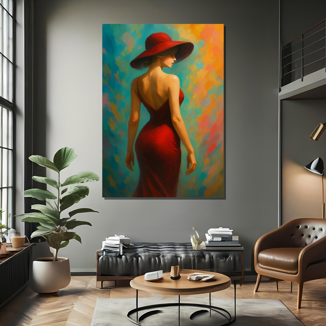 Elegant Woman in Red Dress and Wide Hat Vibrant Painting Art Poster - Image 2