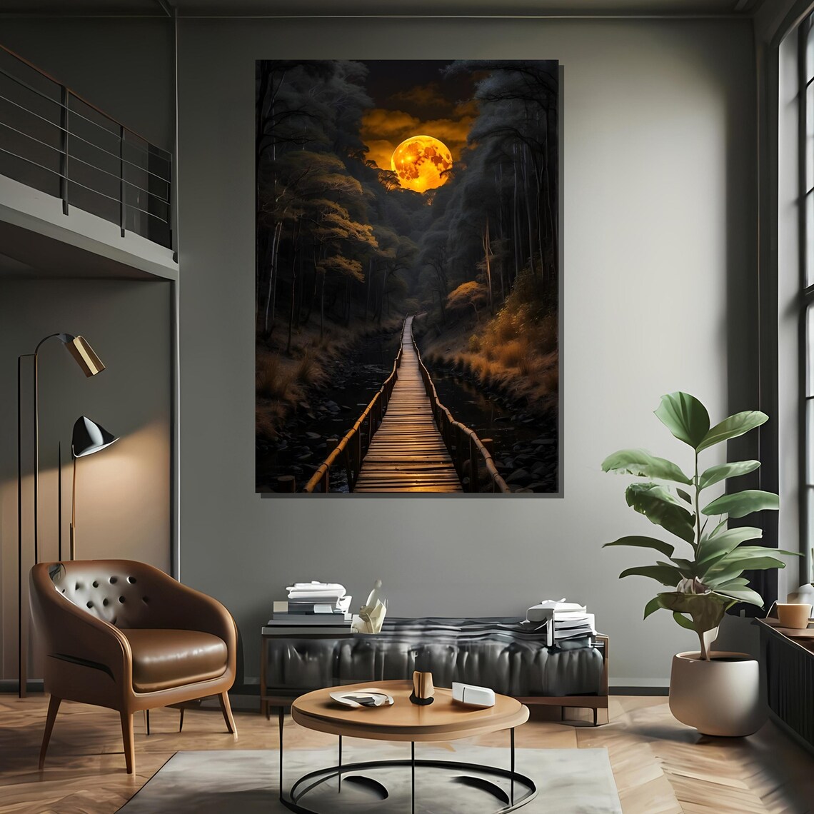 Mystical Forest Path Under Glowing Moon Art Print - Image 2