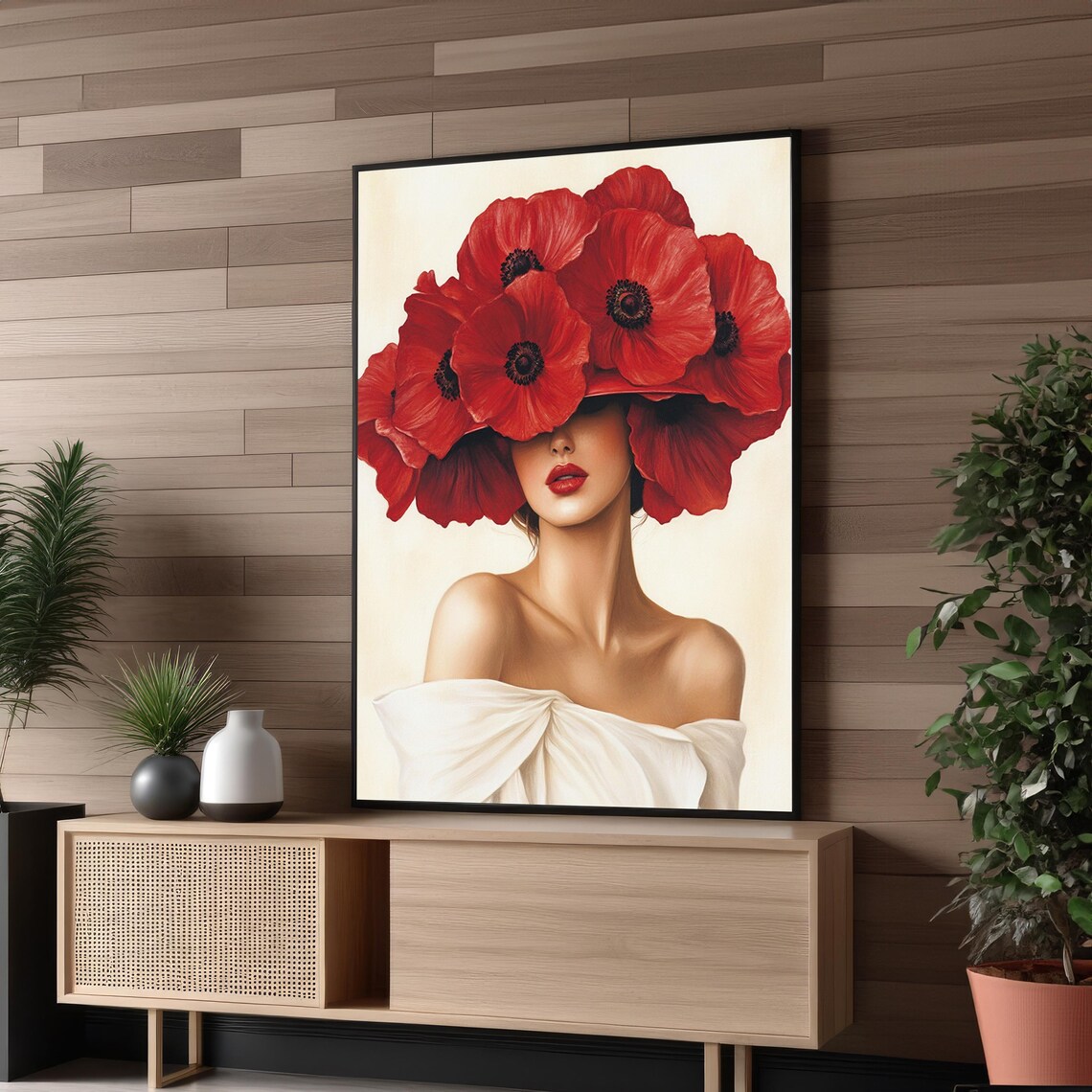 Woman With Red Poppies Hat, Elegant Floral Portrait