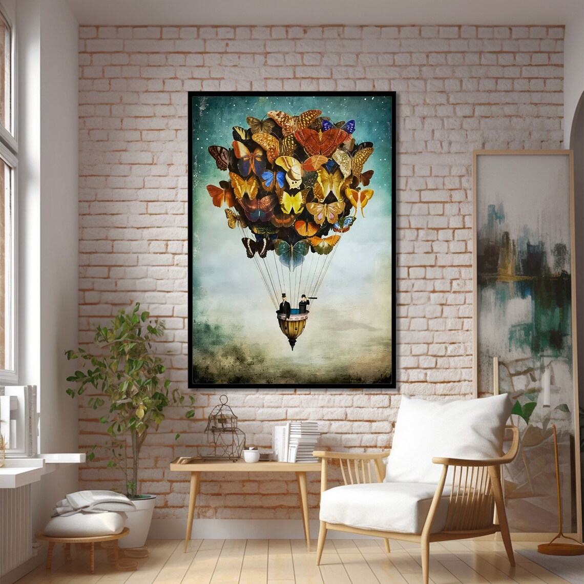 Whimsical Modern Hot Air Balloon Butterfly Art Print - Image 2
