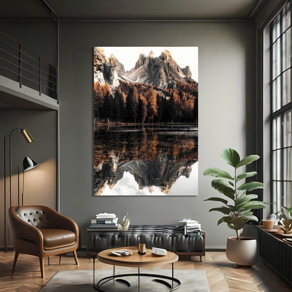 Serene Mountain Reflection, Autumn Forest Lake Art - Image 3
