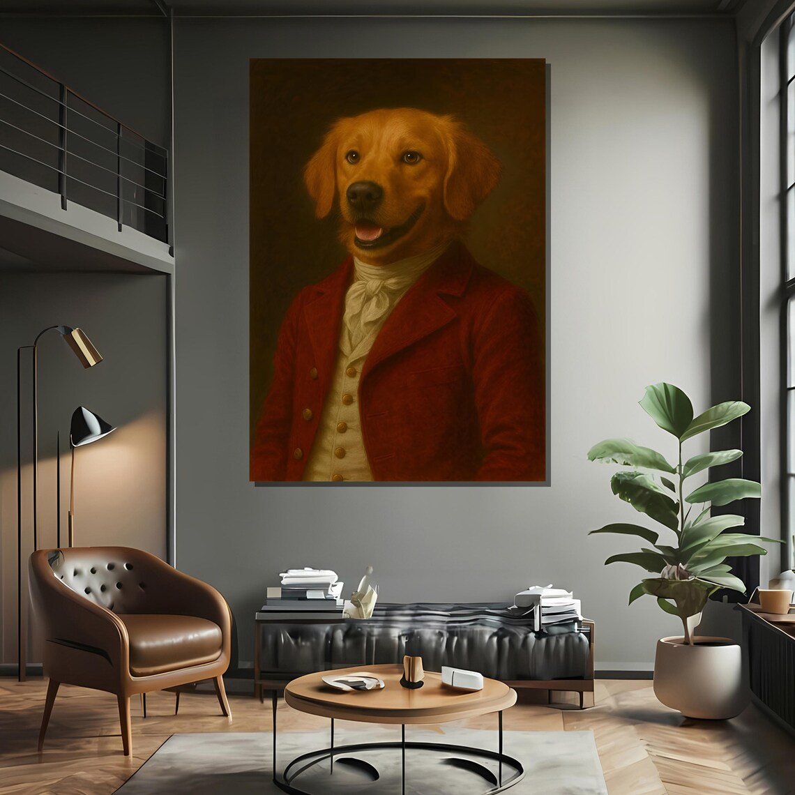 Happy Golden Retriever in Red Coat, Pet Lover Decor - Image 2