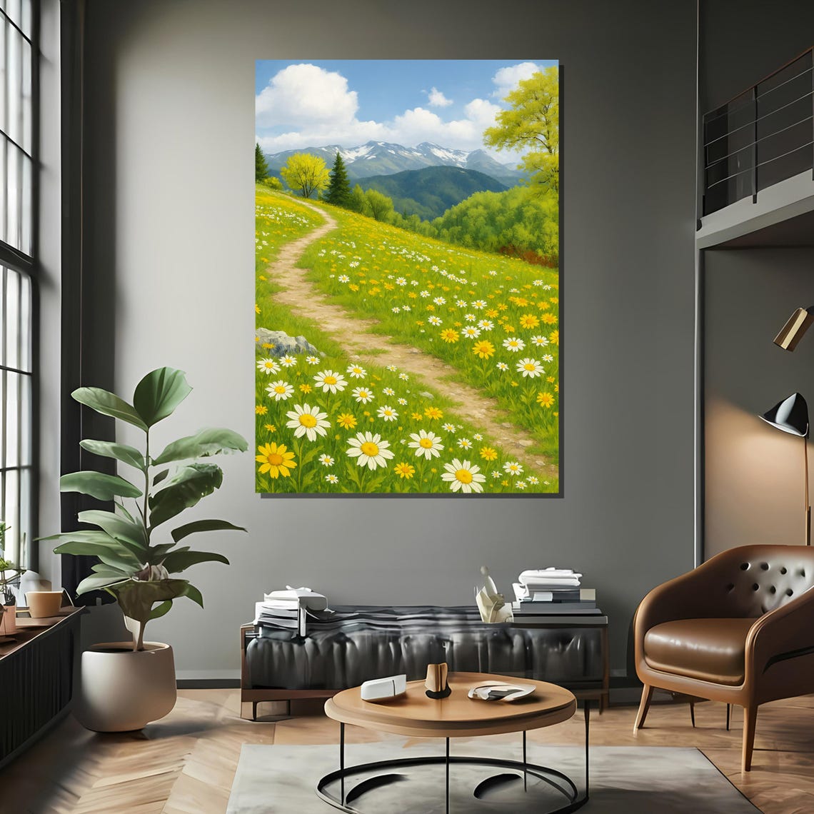 Daisy Meadow Path With Mountain View, Art Print - Image 2