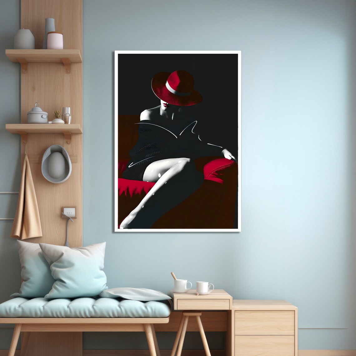 Elegant Red Hat Woman, Sophisticated Portrait Art - Image 4