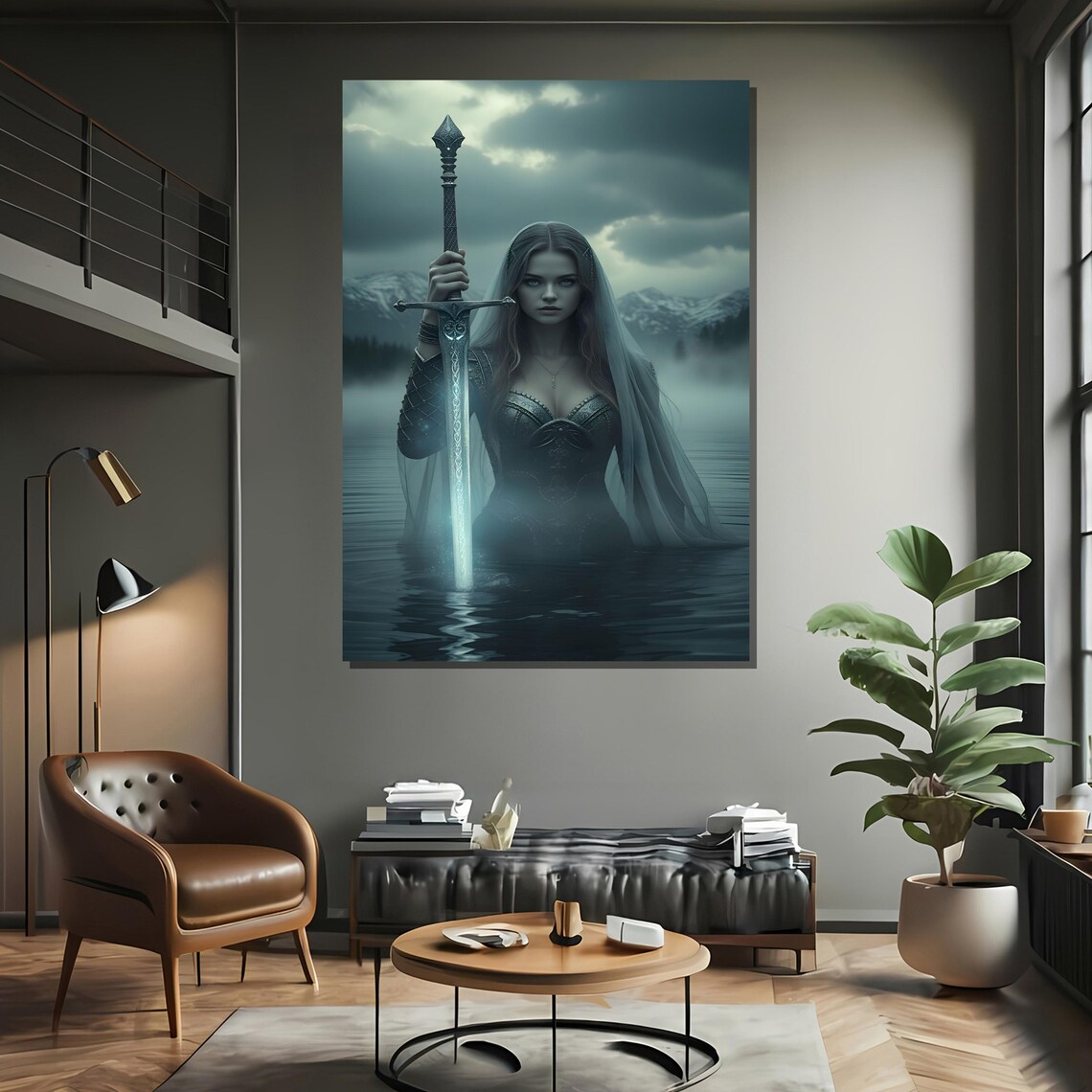 Mythic Lady With Sword in Mist Art Print - Image 2