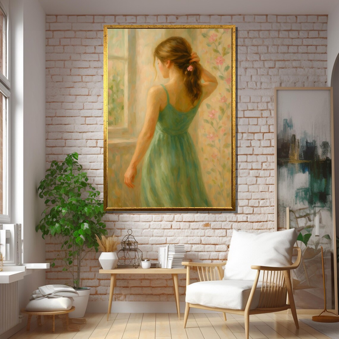 Romantic Woman in Green Dress at Sunlit Window Painting Poster - Image 5
