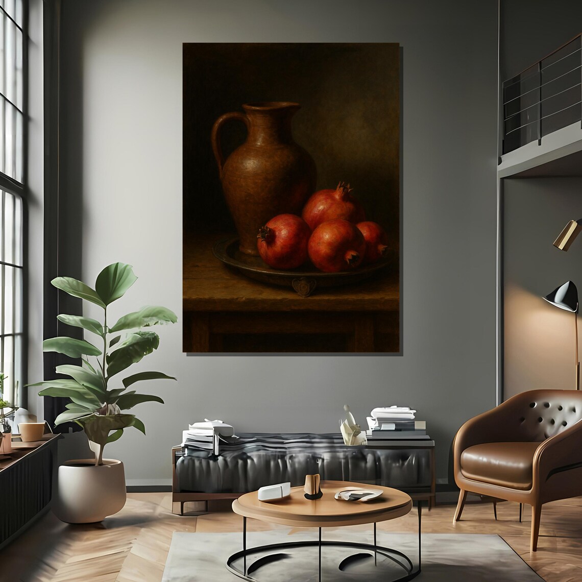 Rustic Pomegranates And Pitcher Still Life Art Print - Image 2