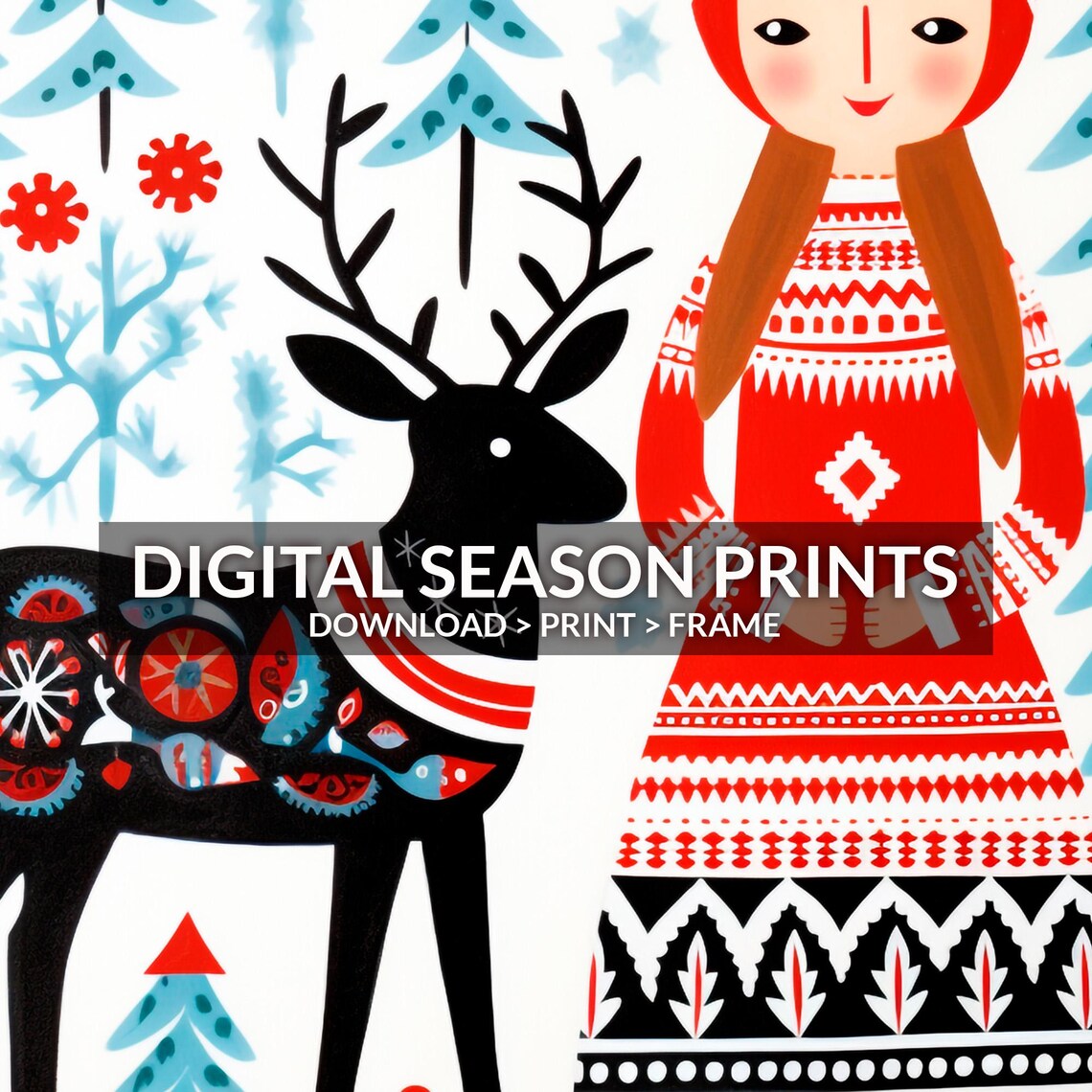 Scandinavian Folk Art Woman With Deer Winter Forest Red Dress Poster - Image 4